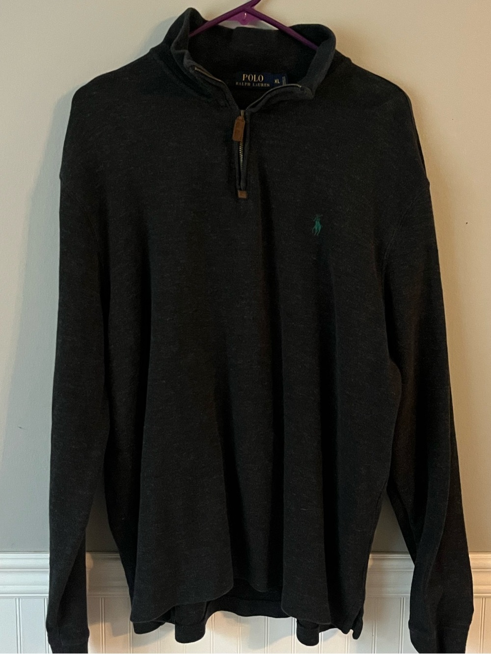 Ralph Lauren Dark Charcoal Quarter-Zip Sweater with Green Polo Logo
